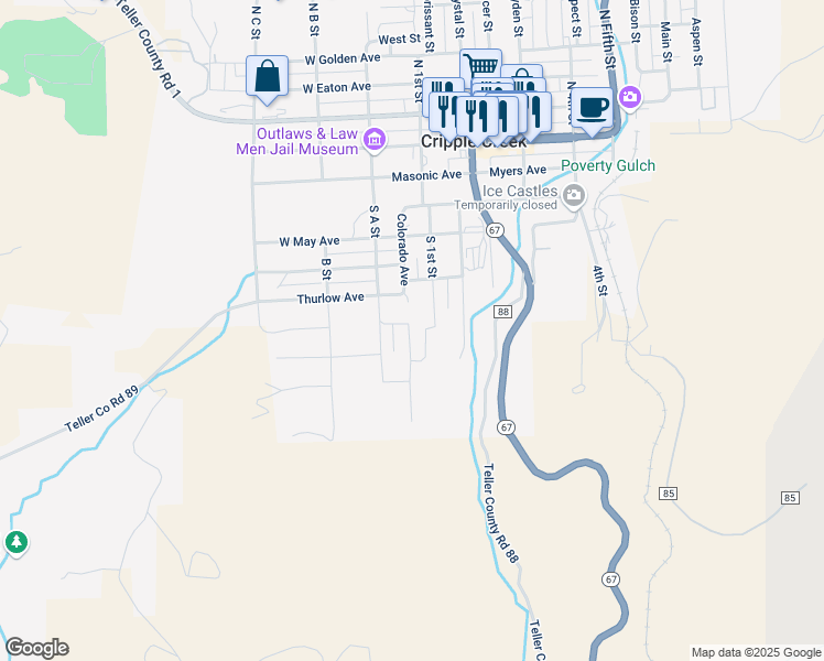 map of restaurants, bars, coffee shops, grocery stores, and more near 36 Whalen Avenue in Cripple Creek