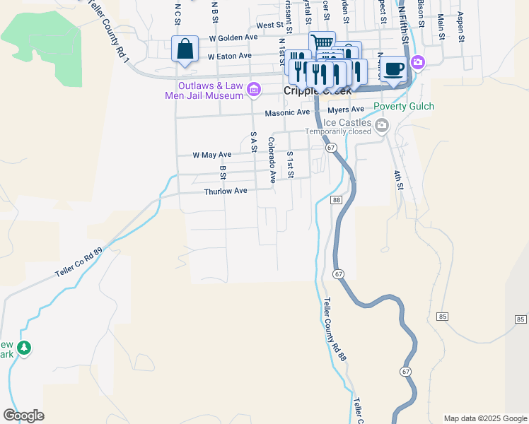 map of restaurants, bars, coffee shops, grocery stores, and more near 124 Whalen Avenue in Cripple Creek