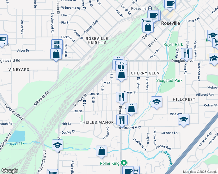 map of restaurants, bars, coffee shops, grocery stores, and more near 211 C Street in Roseville