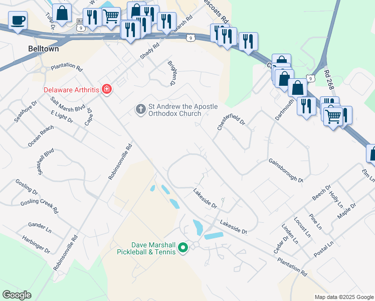 map of restaurants, bars, coffee shops, grocery stores, and more near 274 Lakeside Drive in Lewes