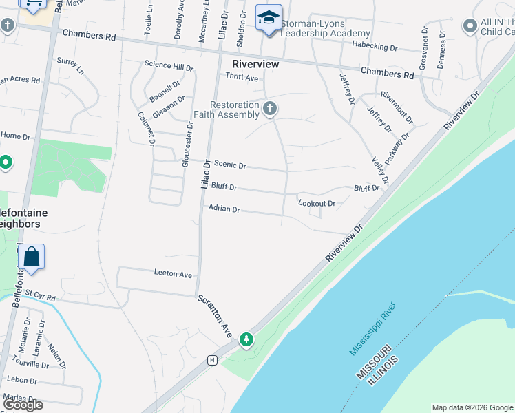 map of restaurants, bars, coffee shops, grocery stores, and more near 432 Adrian Drive in St. Louis