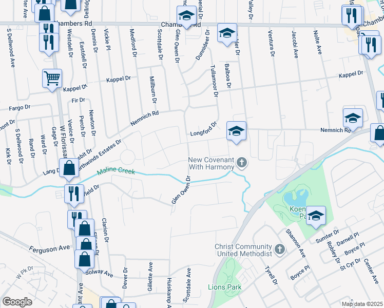 map of restaurants, bars, coffee shops, grocery stores, and more near 9551 Glen Owen Drive in St. Louis