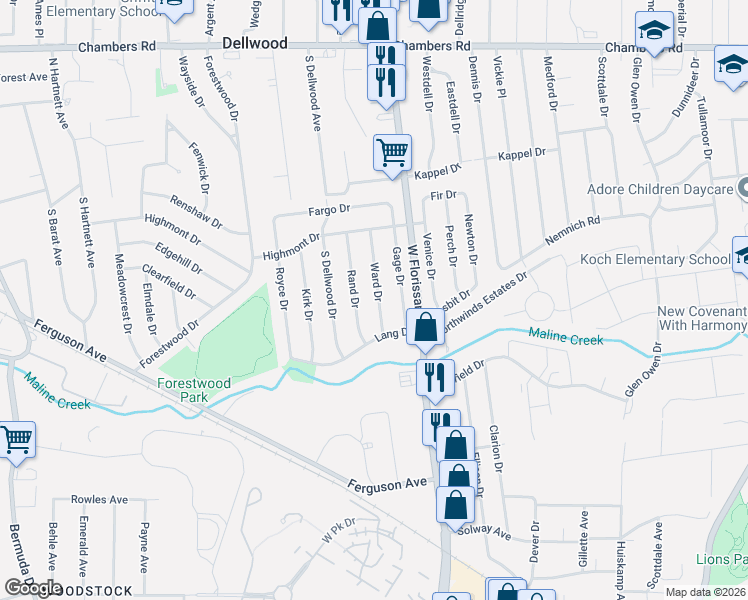 map of restaurants, bars, coffee shops, grocery stores, and more near 325 Ward Drive in Ferguson