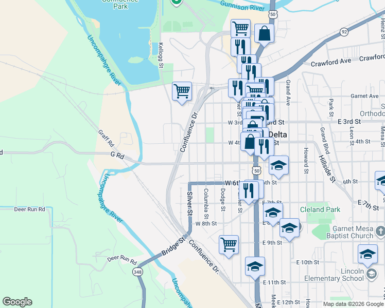 map of restaurants, bars, coffee shops, grocery stores, and more near 401-499 Silver Street in Delta