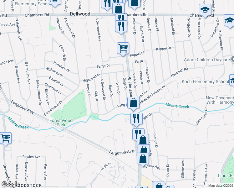 map of restaurants, bars, coffee shops, grocery stores, and more near 325 Ward Drive in Ferguson