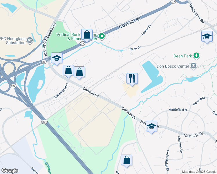 map of restaurants, bars, coffee shops, grocery stores, and more near 9367 Taney Road in Manassas