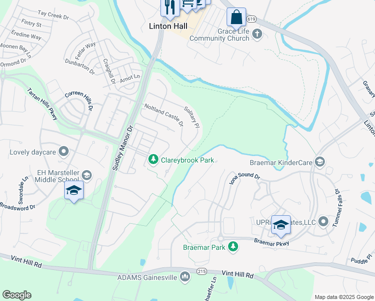 map of restaurants, bars, coffee shops, grocery stores, and more near 9871 Solitary Place in Bristow