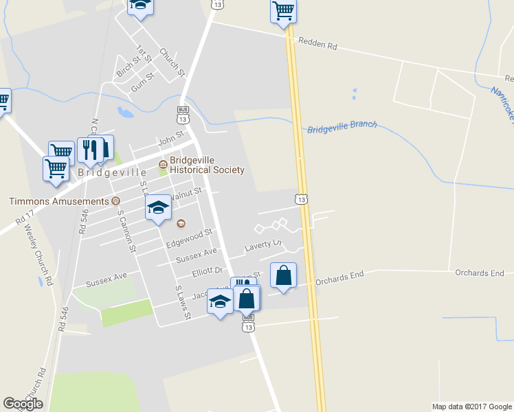 map of restaurants, bars, coffee shops, grocery stores, and more near 200 Canterbury Apartment in Bridgeville