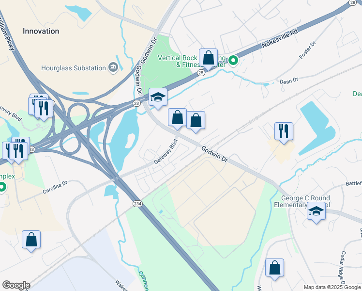 map of restaurants, bars, coffee shops, grocery stores, and more near 10407 Ratcliffe Trail in Manassas