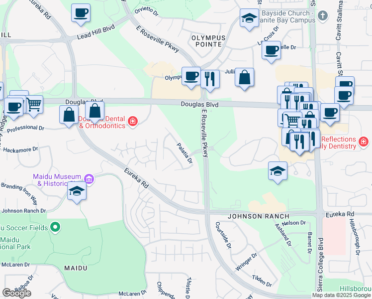 map of restaurants, bars, coffee shops, grocery stores, and more near 1652 Palatia Drive in Roseville