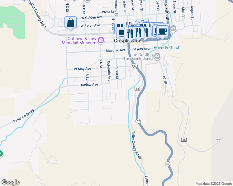 map of restaurants, bars, coffee shops, grocery stores, and more near 36 Whalen Avenue in Cripple Creek