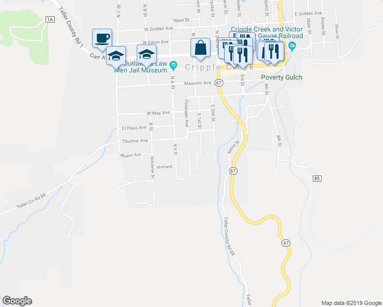 map of restaurants, bars, coffee shops, grocery stores, and more near 36 Whalen Avenue in Cripple Creek