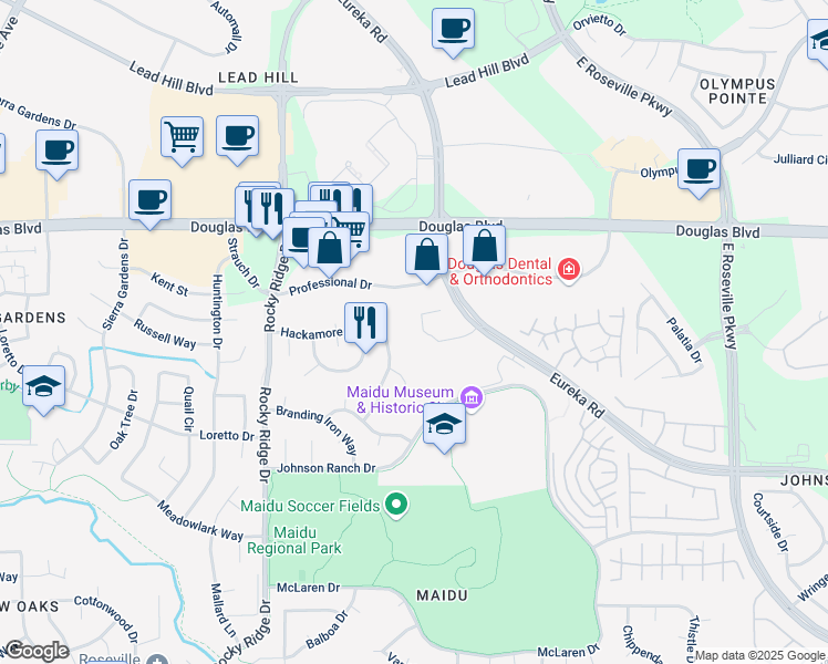 map of restaurants, bars, coffee shops, grocery stores, and more near 110 Sterling Court in Roseville
