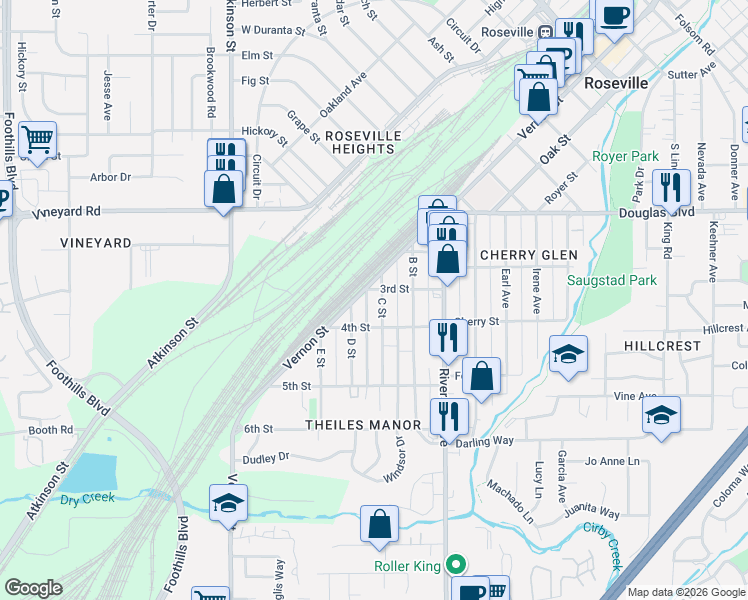 map of restaurants, bars, coffee shops, grocery stores, and more near 211 C Street in Roseville