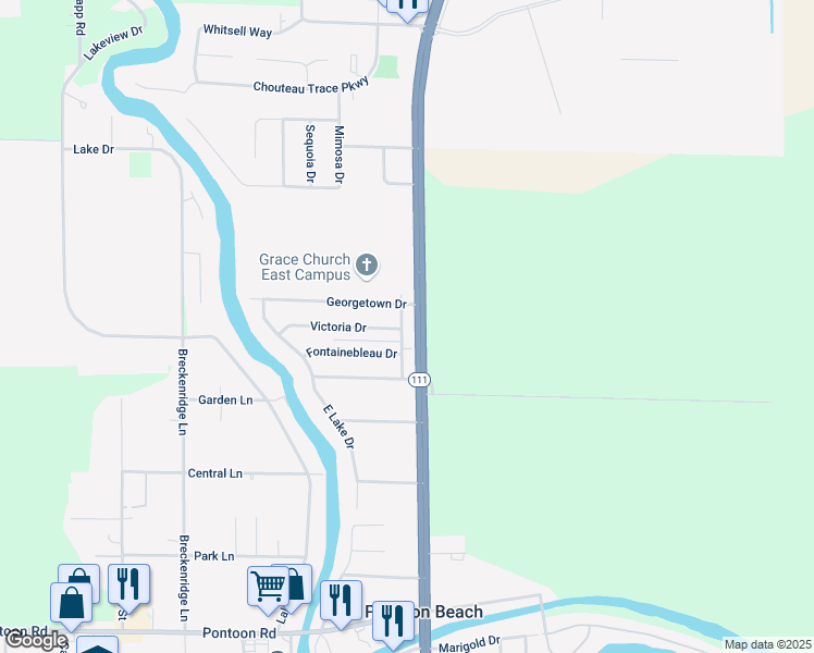 map of restaurants, bars, coffee shops, grocery stores, and more near 6 Eastgate Drive in Pontoon Beach