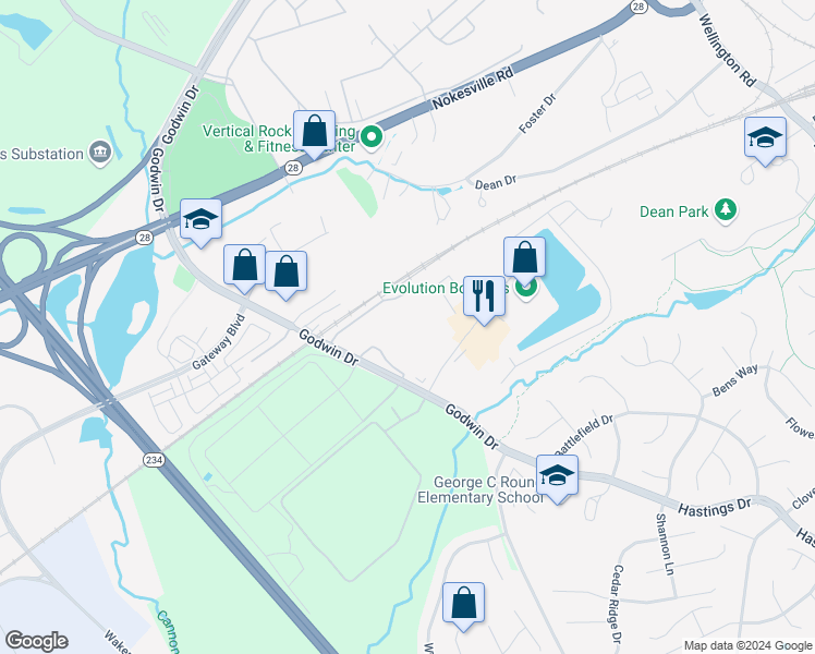 map of restaurants, bars, coffee shops, grocery stores, and more near 9905 Godwin Drive in Manassas