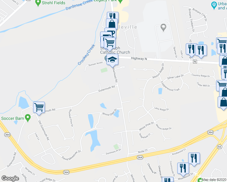 map of restaurants, bars, coffee shops, grocery stores, and more near 5206 Gutermuth Road in Saint Charles