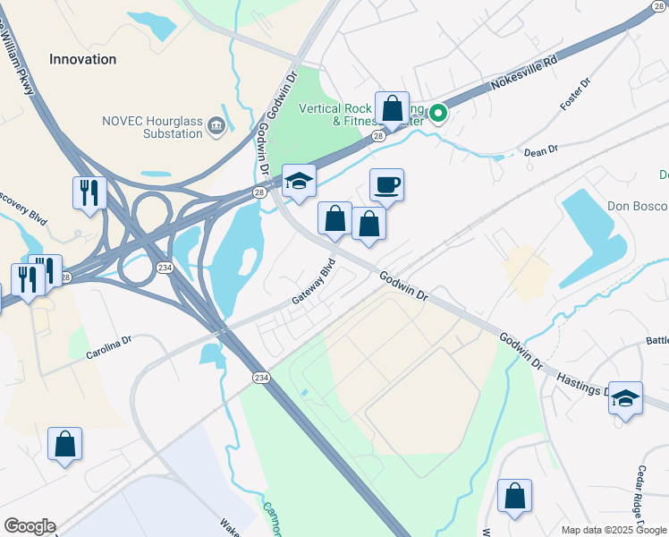 map of restaurants, bars, coffee shops, grocery stores, and more near 10414 Ratcliffe Trail in Manassas