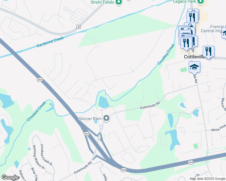 map of restaurants, bars, coffee shops, grocery stores, and more near 5319 Gutermuth Road in Saint Charles