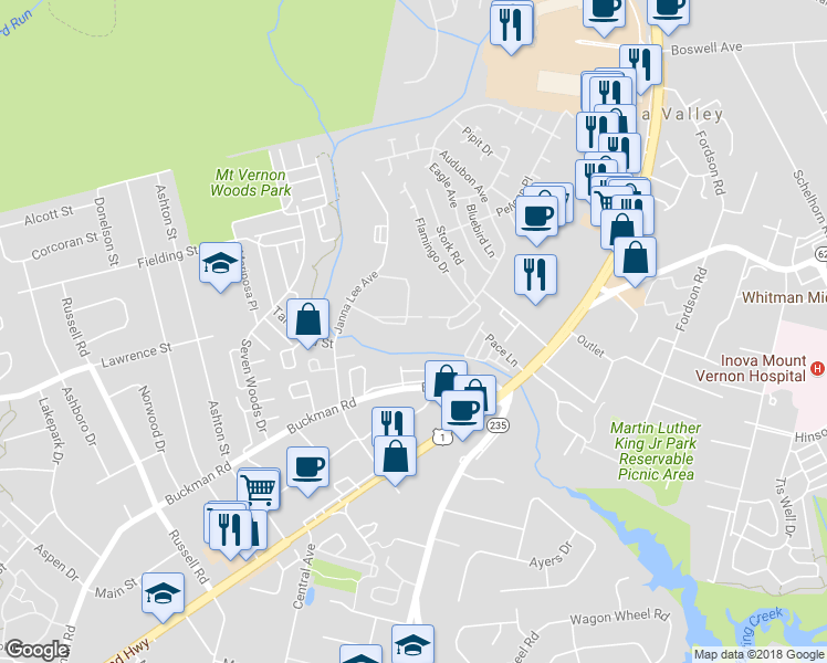 map of restaurants, bars, coffee shops, grocery stores, and more near 7965 Audubon Avenue in Alexandria