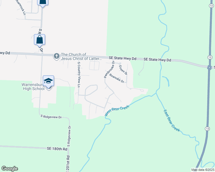 map of restaurants, bars, coffee shops, grocery stores, and more near 1300 Thames Court in Warrensburg