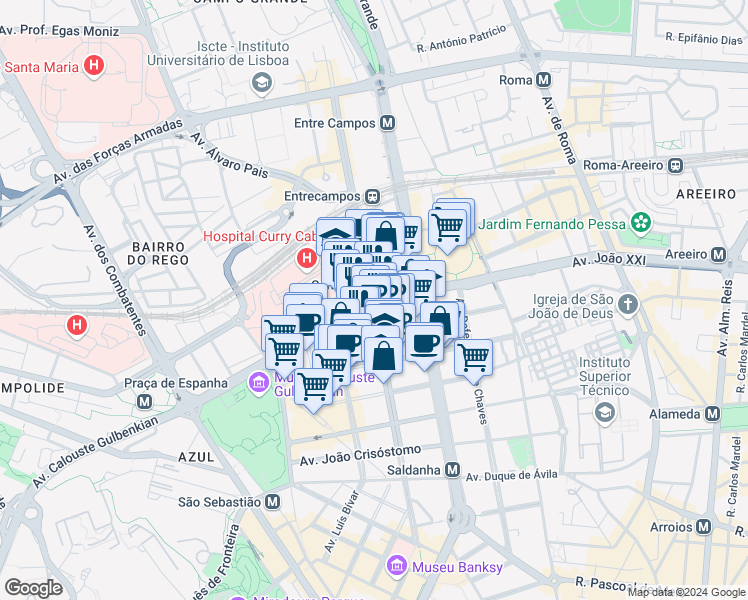 map of restaurants, bars, coffee shops, grocery stores, and more near Avenida 5 de Outubro in Lisboa