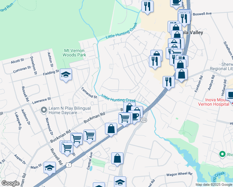 map of restaurants, bars, coffee shops, grocery stores, and more near 7975 Audubon Avenue in Alexandria