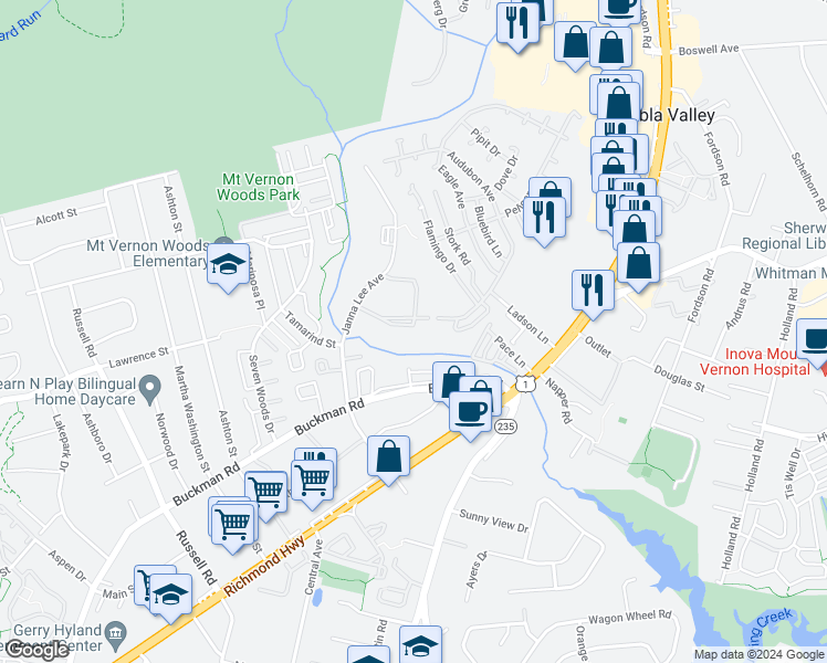 map of restaurants, bars, coffee shops, grocery stores, and more near 7971 Audubon Avenue in Alexandria