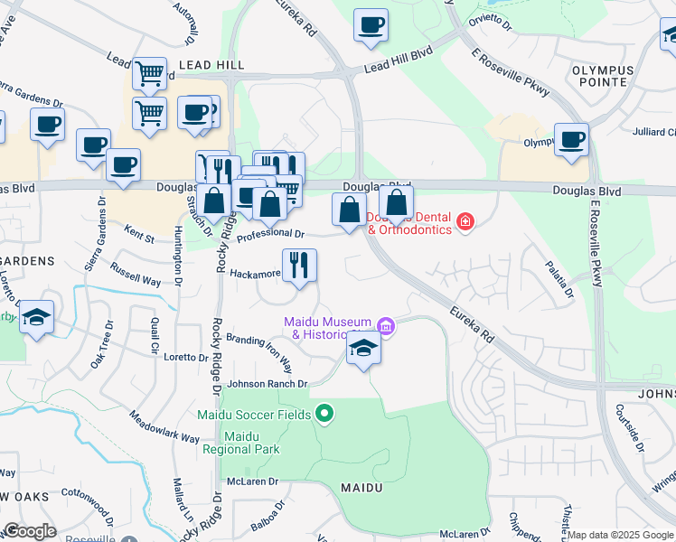 map of restaurants, bars, coffee shops, grocery stores, and more near 110 Sterling Court in Roseville