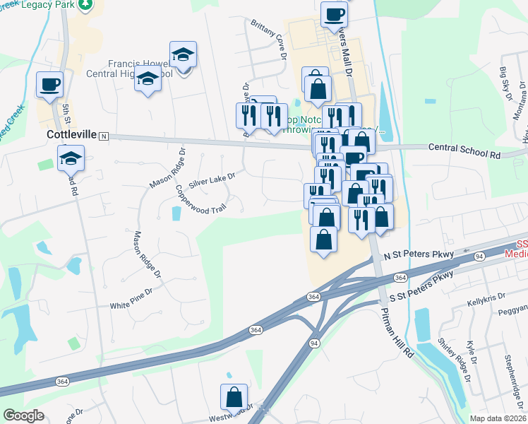 map of restaurants, bars, coffee shops, grocery stores, and more near 6 White Bark Court in Saint Charles