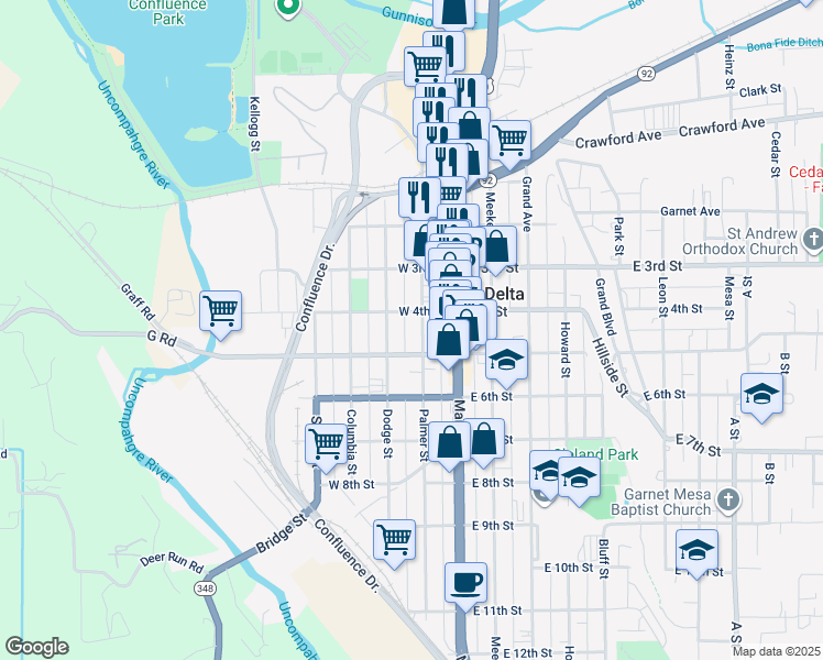 map of restaurants, bars, coffee shops, grocery stores, and more near 145 West 5th Street in Delta