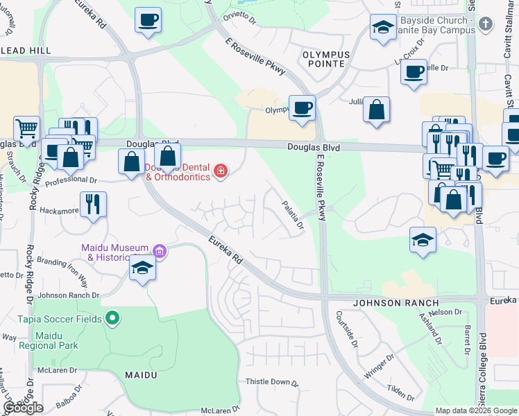 map of restaurants, bars, coffee shops, grocery stores, and more near 231 Doulton Court in Roseville