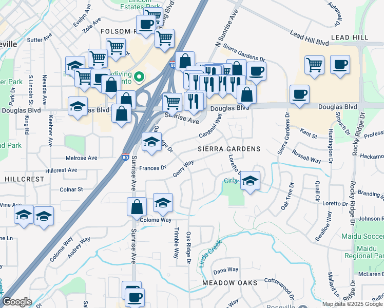 map of restaurants, bars, coffee shops, grocery stores, and more near 501 Oak Ridge Drive in Roseville