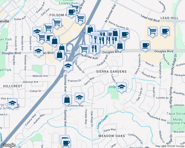 map of restaurants, bars, coffee shops, grocery stores, and more near 501 Oak Ridge Drive in Roseville