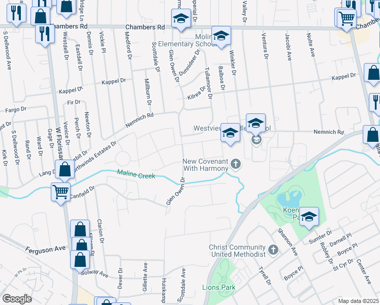 map of restaurants, bars, coffee shops, grocery stores, and more near 9551 Glen Owen Drive in St. Louis