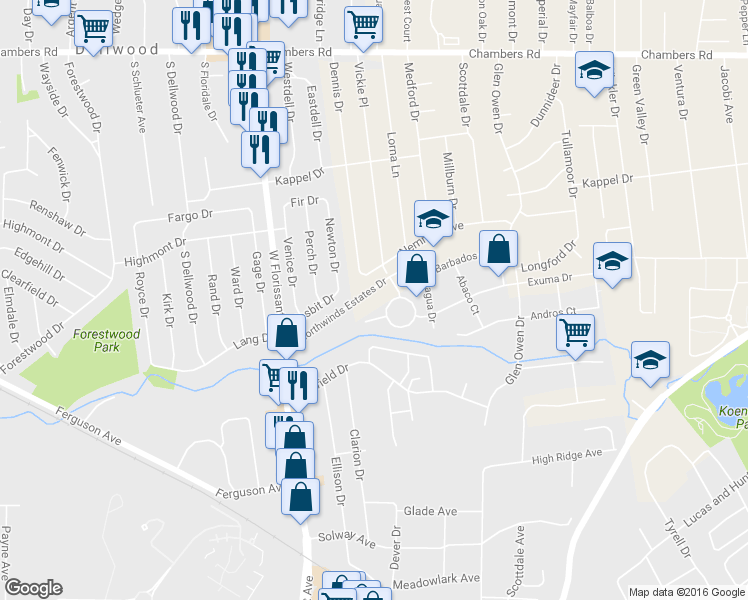 map of restaurants, bars, coffee shops, grocery stores, and more near 1561 Norlakes Drive in St. Louis
