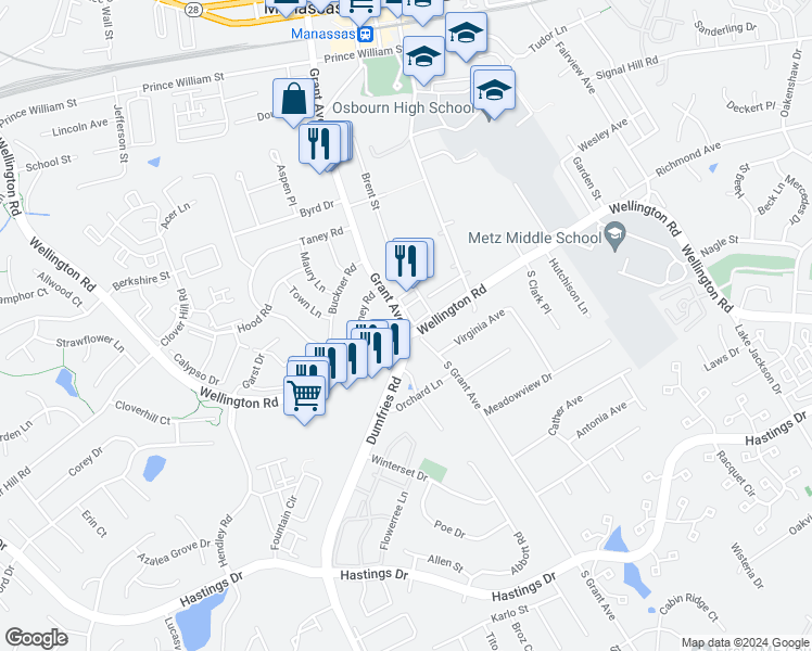 map of restaurants, bars, coffee shops, grocery stores, and more near 10017 Grant Avenue in Manassas