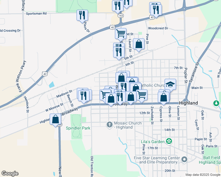 map of restaurants, bars, coffee shops, grocery stores, and more near 717 Main Street in Highland