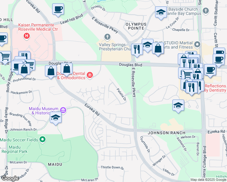 map of restaurants, bars, coffee shops, grocery stores, and more near 1612 Martinique Drive in Roseville