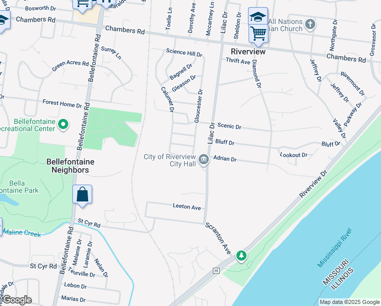 map of restaurants, bars, coffee shops, grocery stores, and more near 9701 Gloucester Drive in St. Louis