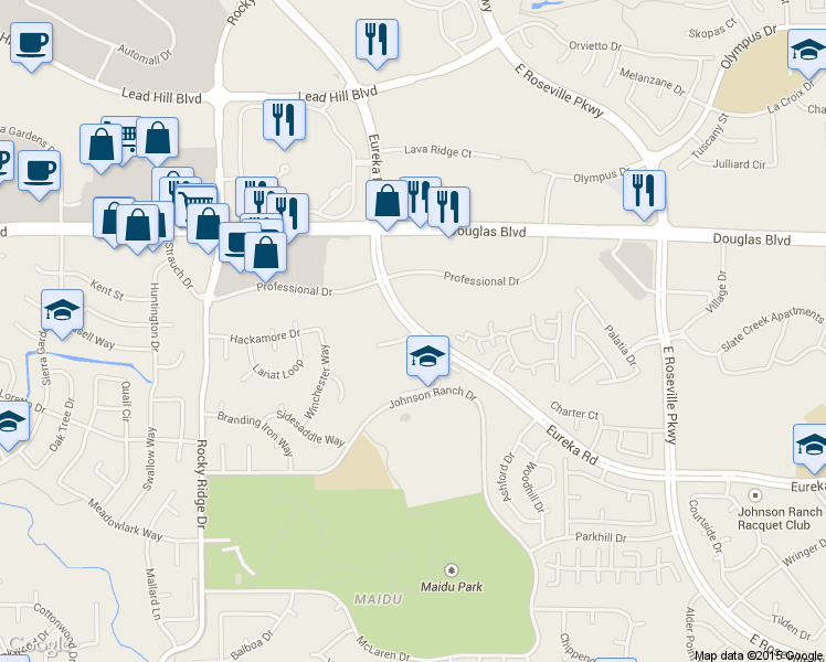 map of restaurants, bars, coffee shops, grocery stores, and more near 1801 Eureka Road in Roseville