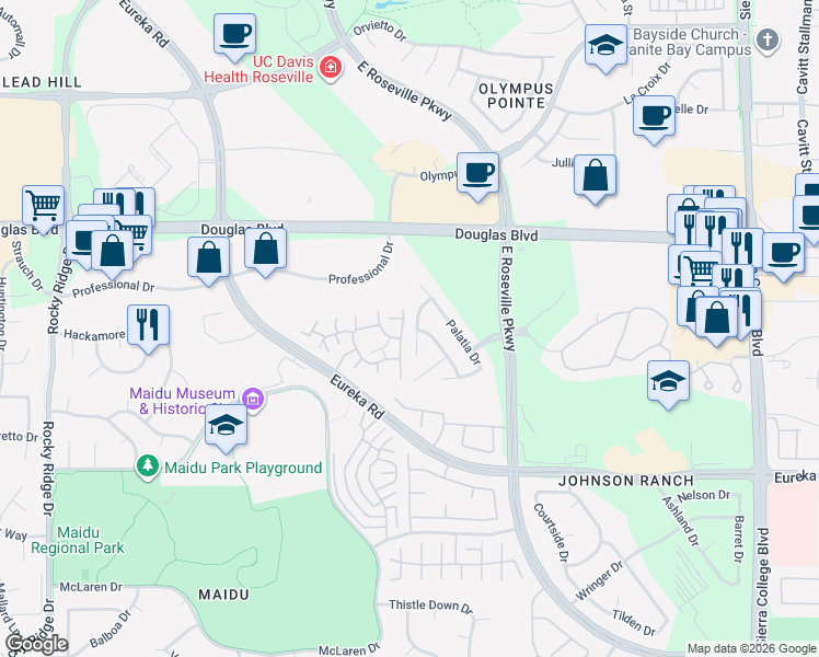 map of restaurants, bars, coffee shops, grocery stores, and more near 231 Doulton Court in Roseville