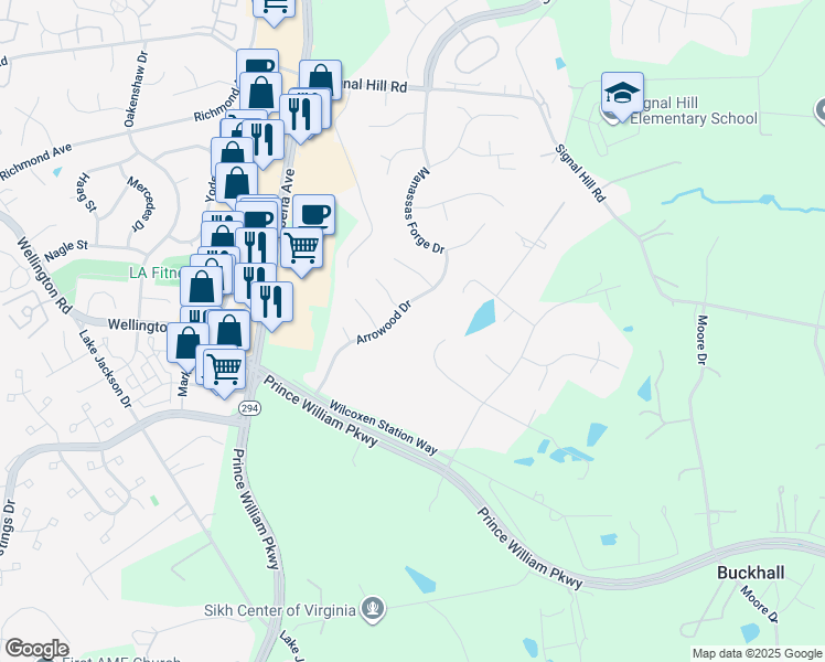 map of restaurants, bars, coffee shops, grocery stores, and more near 8017 Guy Drive in Manassas
