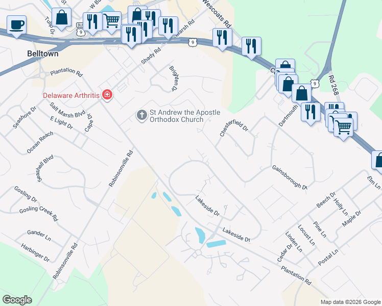 map of restaurants, bars, coffee shops, grocery stores, and more near 274 Lakeside Drive in Lewes