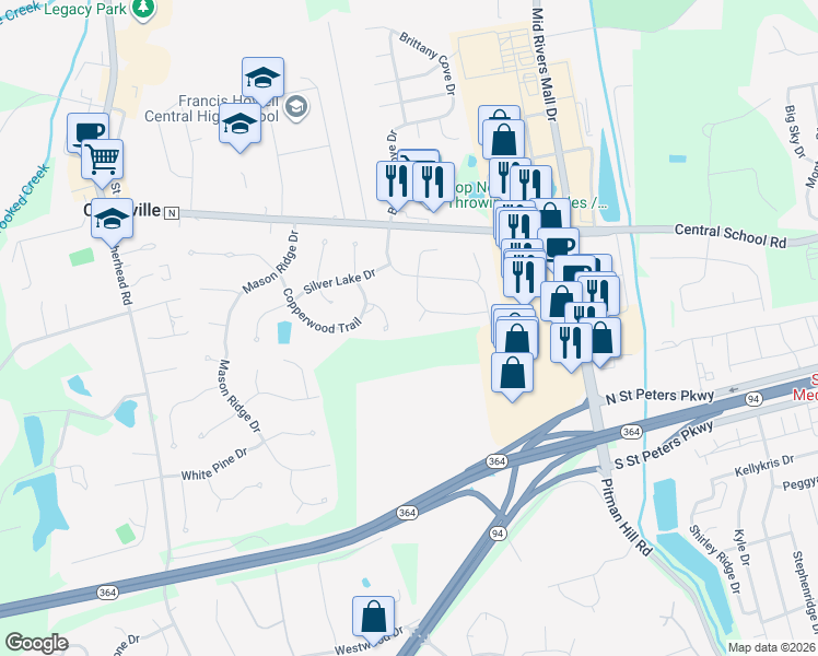 map of restaurants, bars, coffee shops, grocery stores, and more near 6 White Bark Court in Saint Charles