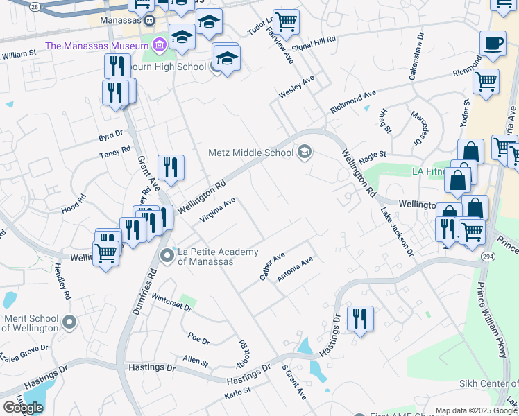 map of restaurants, bars, coffee shops, grocery stores, and more near 9844 South Clark Place in Manassas