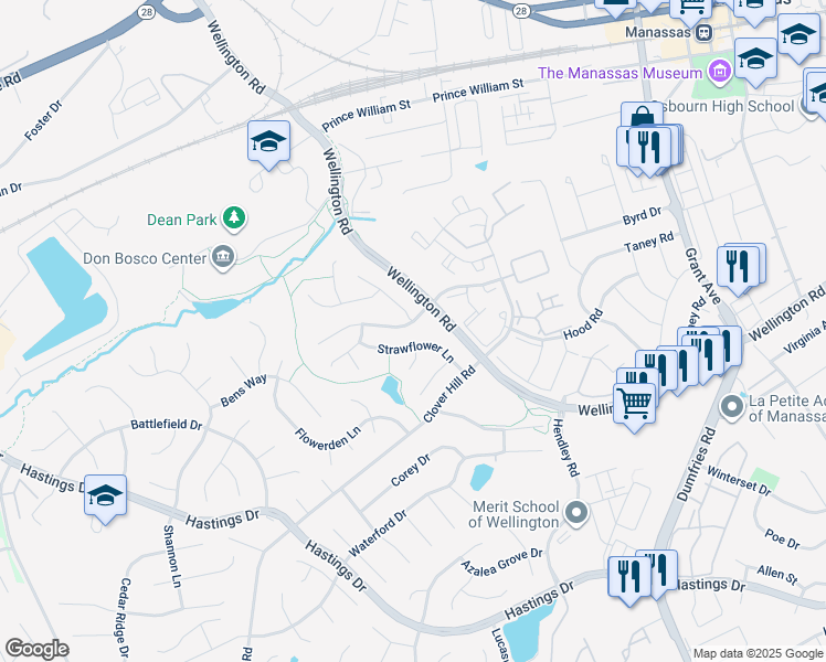 map of restaurants, bars, coffee shops, grocery stores, and more near 9321 Amaryllis Avenue in Manassas