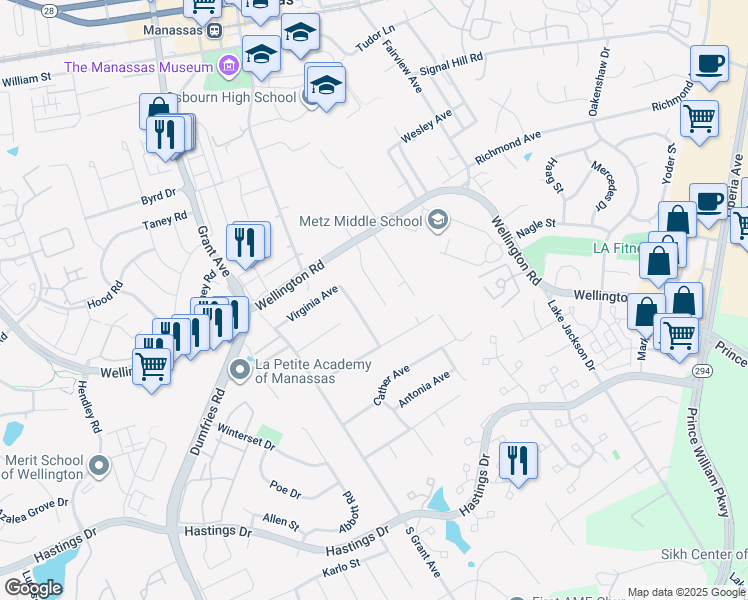 map of restaurants, bars, coffee shops, grocery stores, and more near 9844 South Clark Place in Manassas