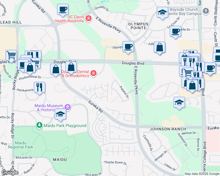 map of restaurants, bars, coffee shops, grocery stores, and more near 231 Doulton Court in Roseville