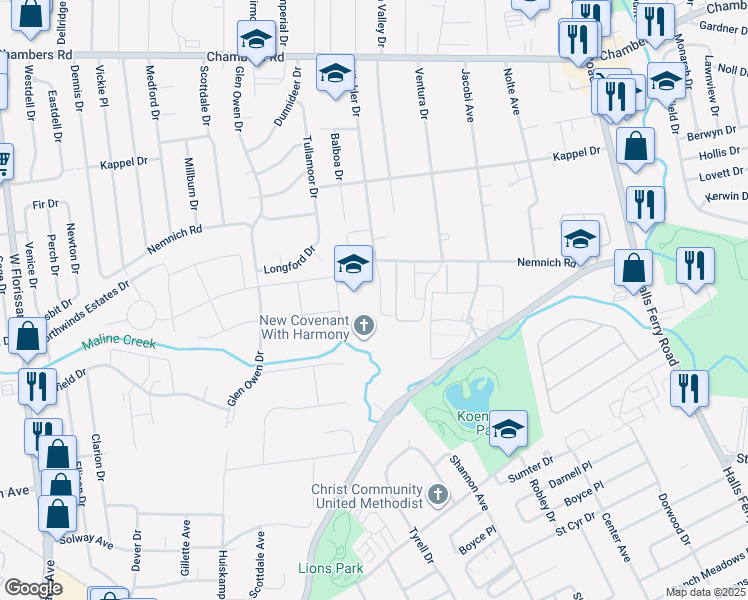 map of restaurants, bars, coffee shops, grocery stores, and more near 9521 Winkler Drive in St. Louis